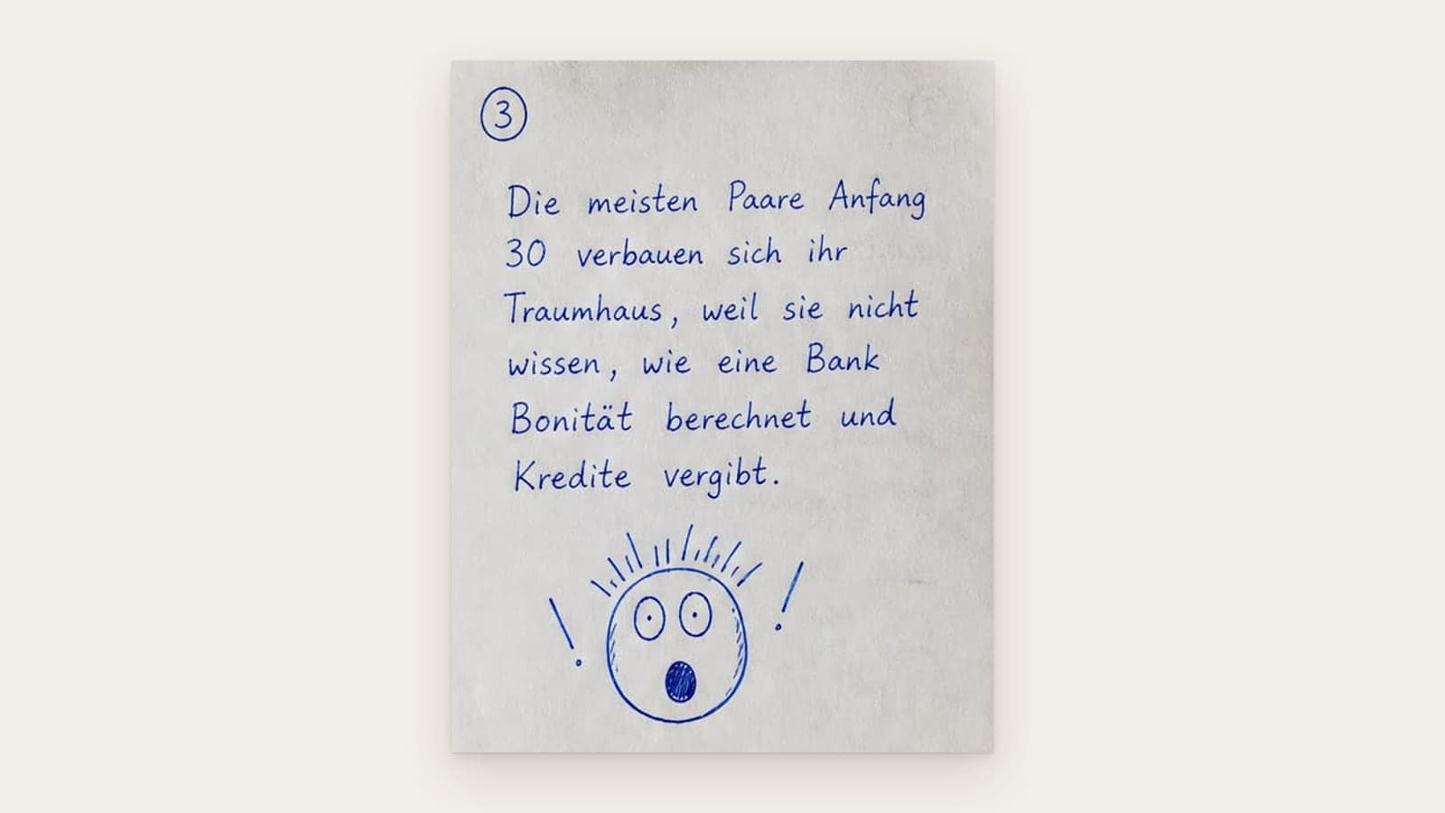 Karte 3: Viele Paare Anfang 30 wissen nicht, wie eine Bank Bonität berechnet. Gezeichnetes erschrockenes Gesicht.
