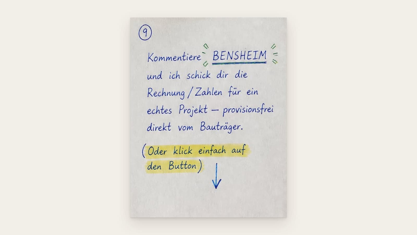 Karte 9: „Kommentiere BENSHEIM“, dann kommt die Rechnung für ein echtes Projekt.