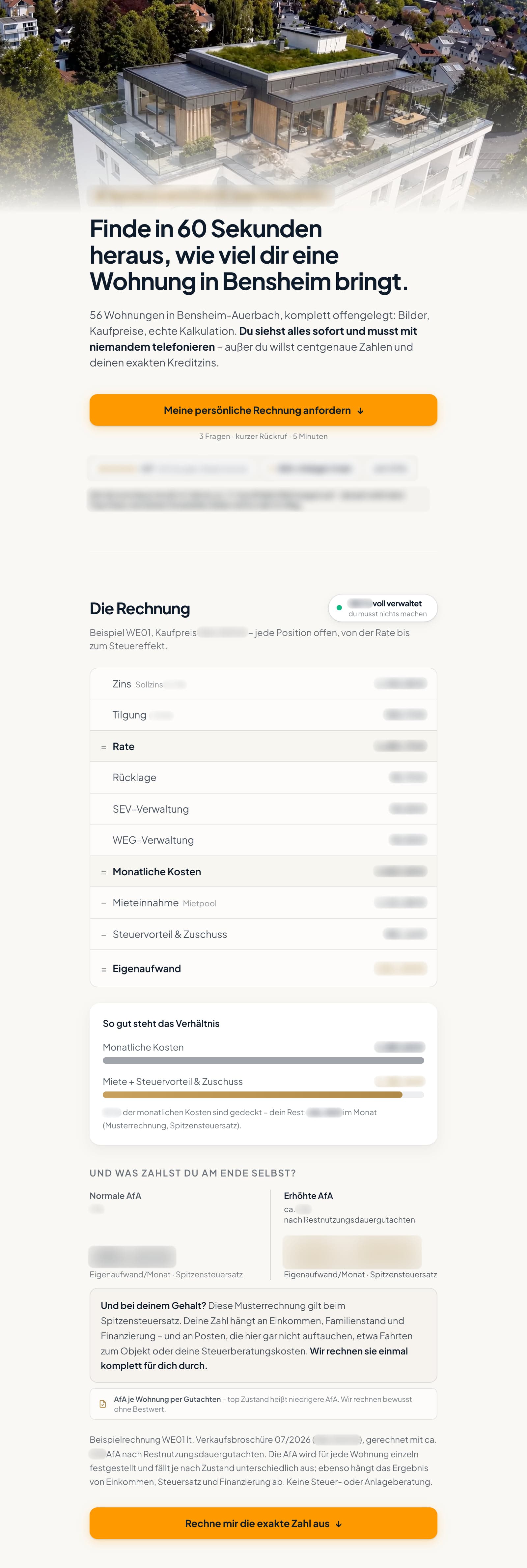 Landingpage „Finde in 60 Sekunden heraus, wie viel dir eine Wohnung in Bensheim bringt“, darunter die Rechnung Position für Position, Beträge unkenntlich