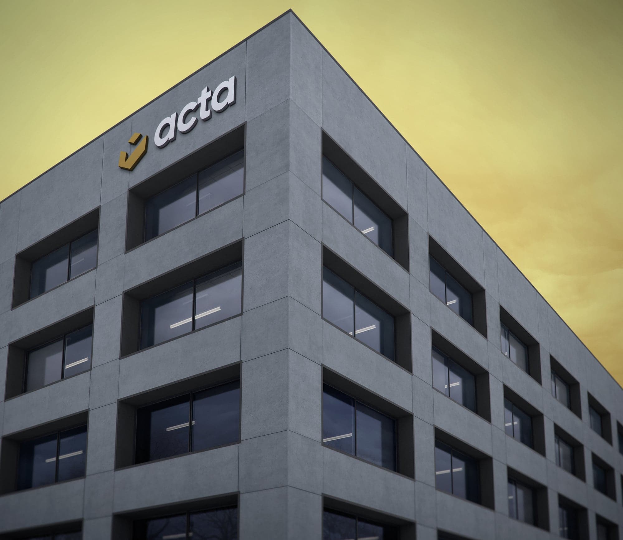 Bürogebäude mit acta-Schriftzug an der Fassade