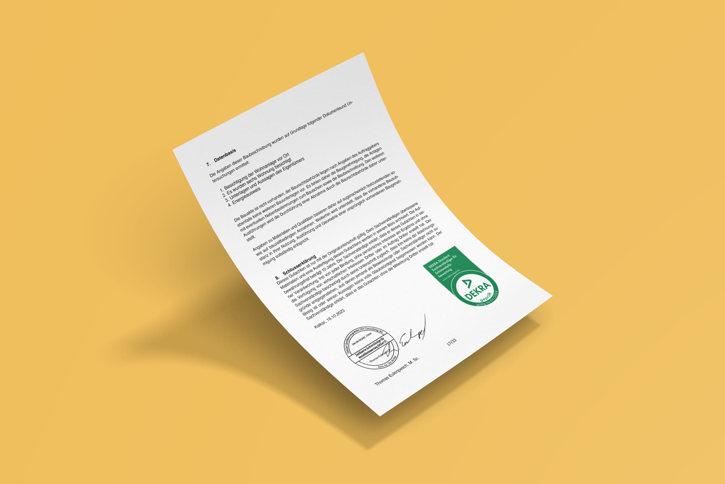 Gutachten mit Prüfsiegel und Unterschrift im acta-Design