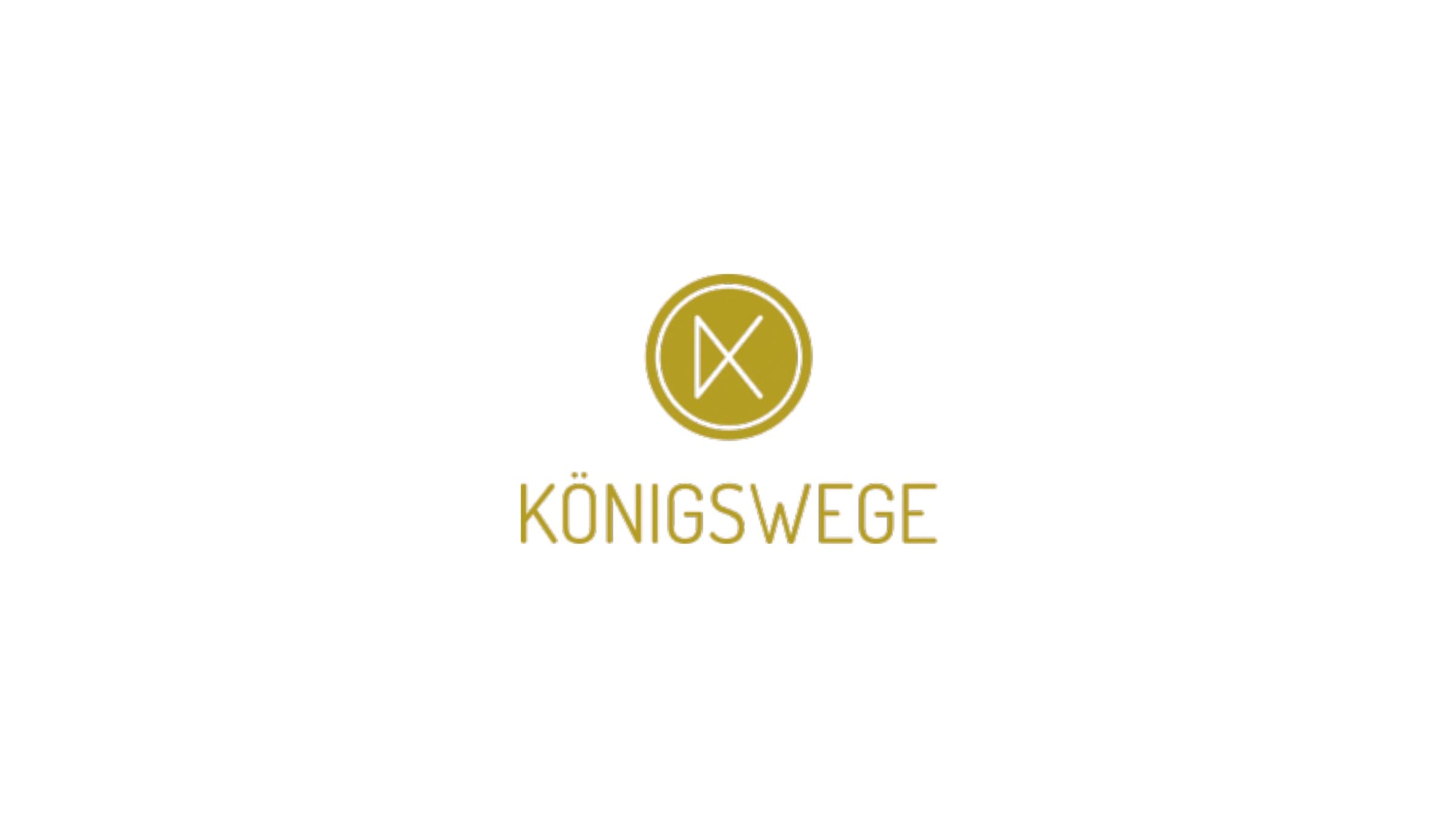 Altes Logo von Königswege: Goldscheibe mit Linien-K und dünnen Versalien