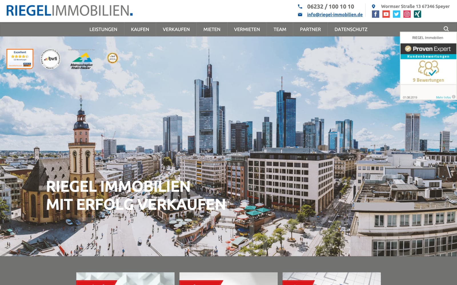 Startseite 2019: Hochhaus-Skyline mit „RIEGEL Immobilien mit Erfolg verkaufen“