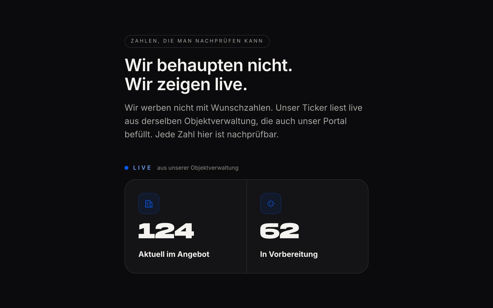 Modul „Wir behaupten nicht. Wir zeigen live.“ mit Objekten im Angebot und in Vorbereitung